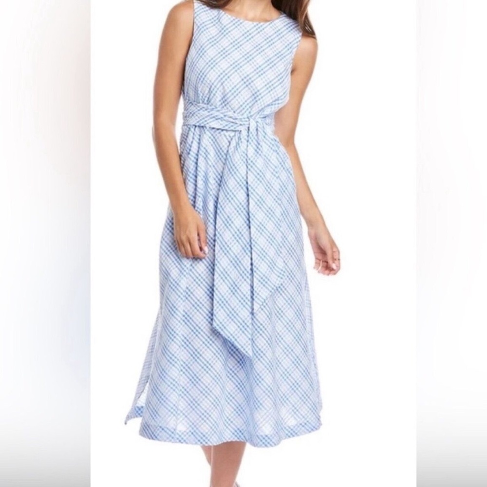 Anne Klein Blue White Gingham Seersucker Sleeveless Belt Dress Size 4 NWT